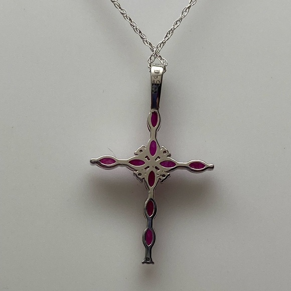 10K White Gold Marquise Shape Natural Ruby and Diamond Cross Pendant and Chain - Picture 7 of 8